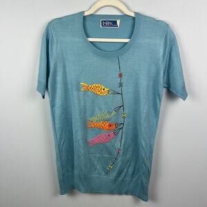 Vintage LeRoy knitwear fish embroidered short sleeve knit blouse size medium